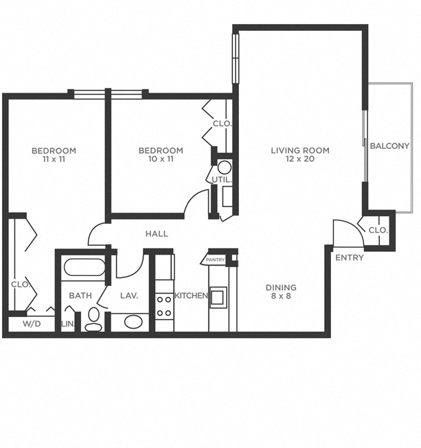 Floor plan for 2 beds, 1 bath, 882 sqft